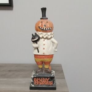Halloween Pumpkin Figurine with Black Cat